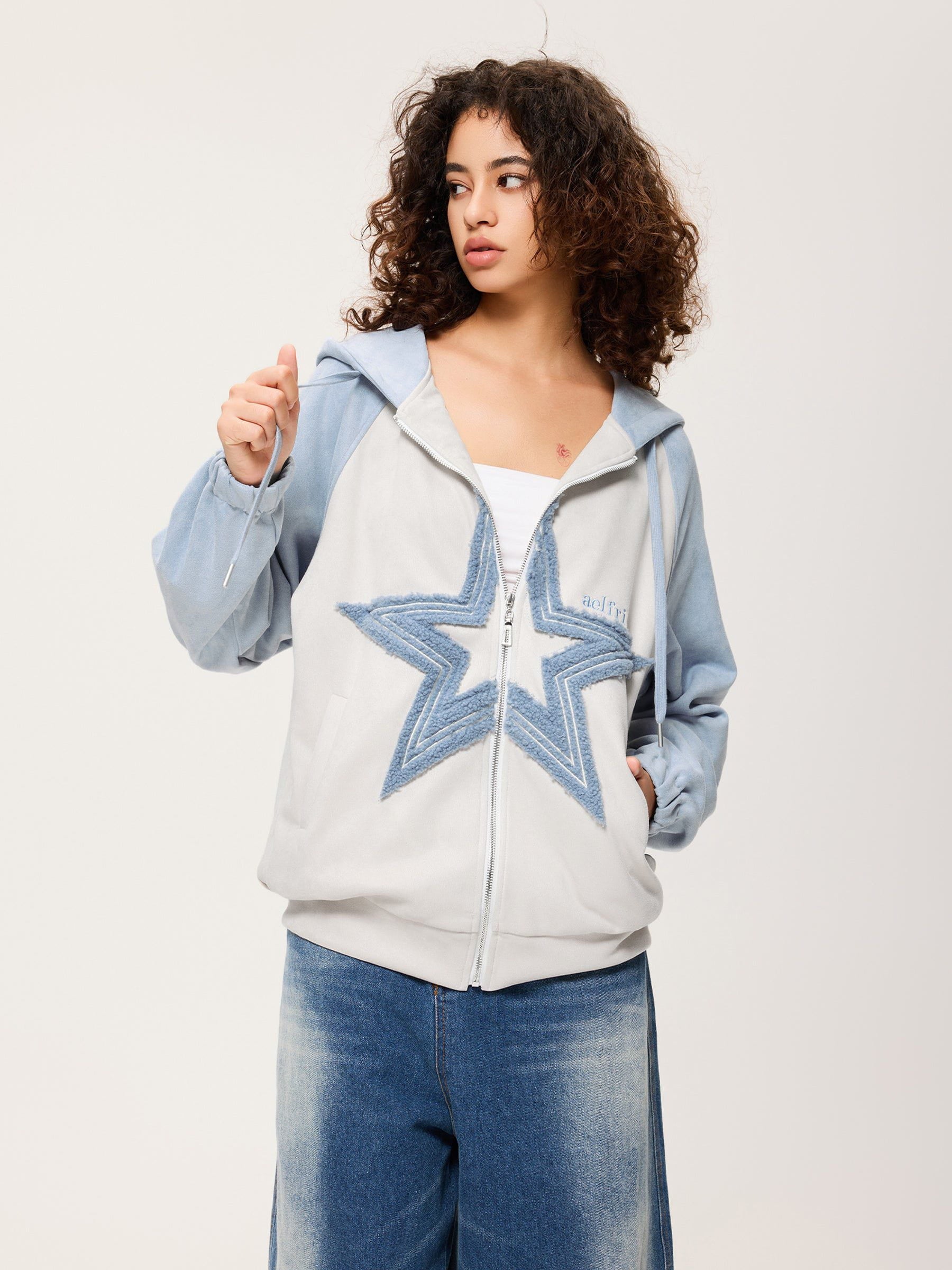 Aelfric Eden Suede Star Patchwork Zip Up Hoodie - Image 3