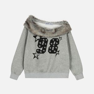 Aelfric Eden Faux Fur Collar Off-The-Shoulder Sweatshirt