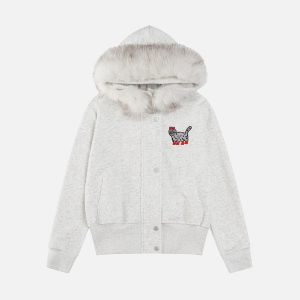 Aelfric Eden Cat Embroidery Faux Fur Collar Hoodie